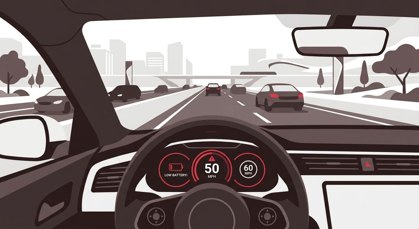 Low battery warning on the screen of an EV electric car , Electric car ...